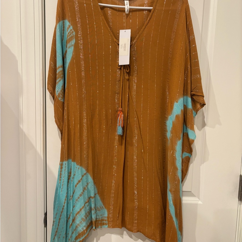 Elegant Rust Brown and Turquoise Blue Women's Tunic Cover Up